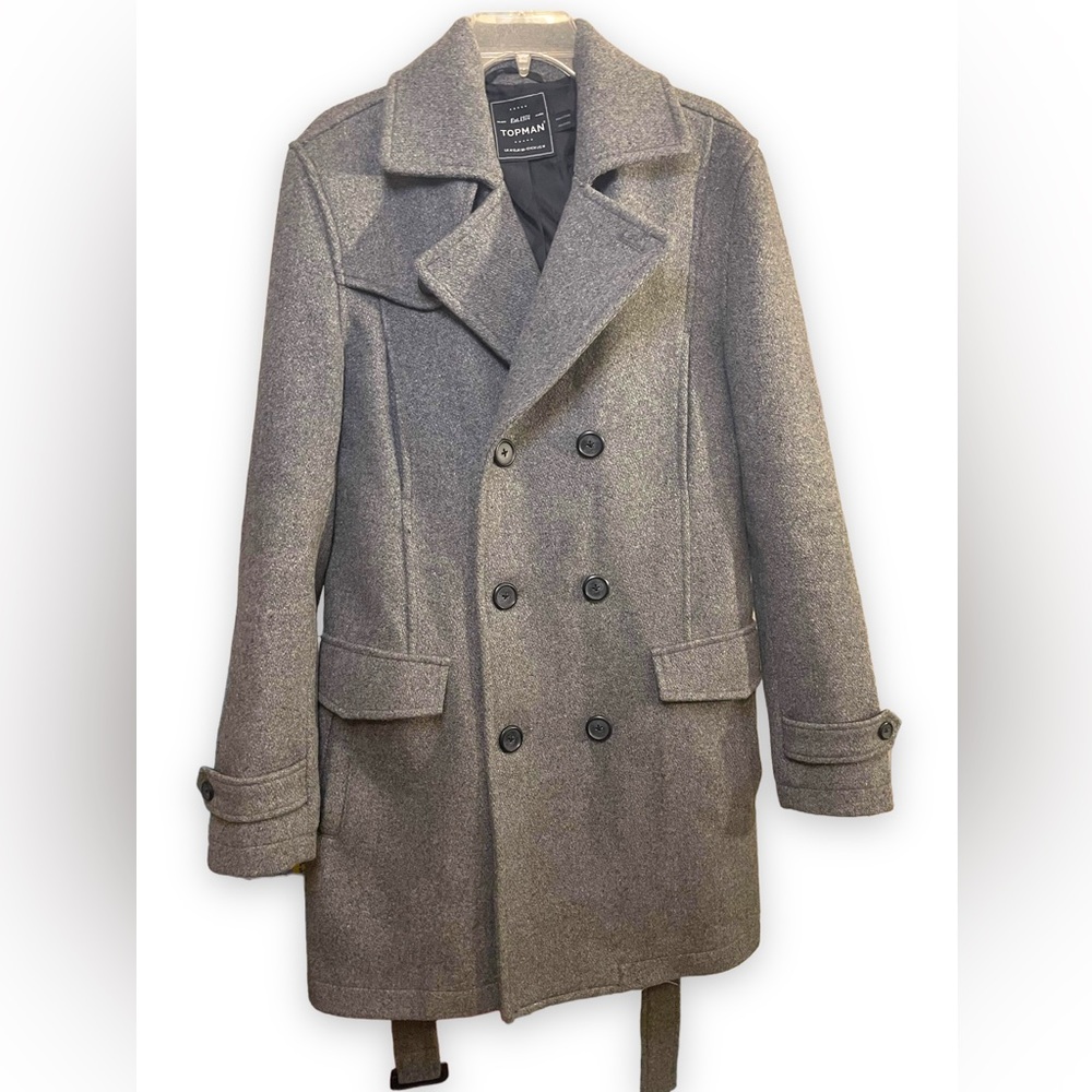 Topman Grey Wool Coat with Belt Double Breasted Men’s Size Medium